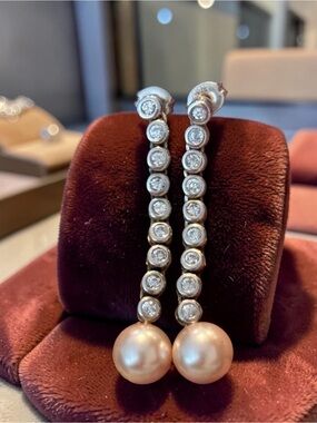 Elegant Pearl Drop and Crystal Linear Earrings - Champagne Pearls